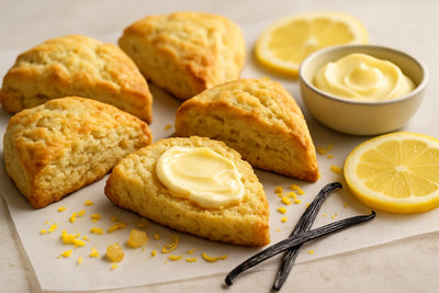 Vanilla Lemon Ginger Scones on parchment