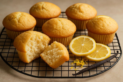 Vanilla Lemon Muffins on a cooling rack