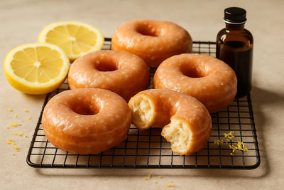Vanilla Lemon Yeast Doughnuts on a cooling rack