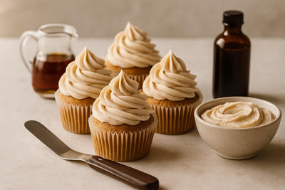 Cupcakes piped with vanilla maple cinnamon buttercream