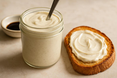 Jar of vanilla mascarpone spread with toast