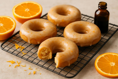 Vanilla Orange Cake Doughnuts on a cooling rack