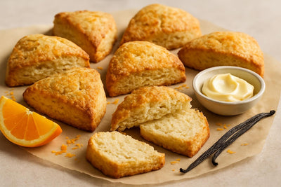 Vanilla Orange Cardamom Scones on parchment