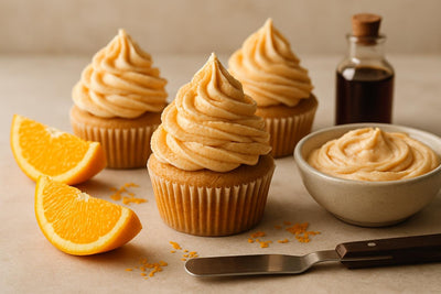 Cupcakes piped with vanilla orange cinnamon buttercream