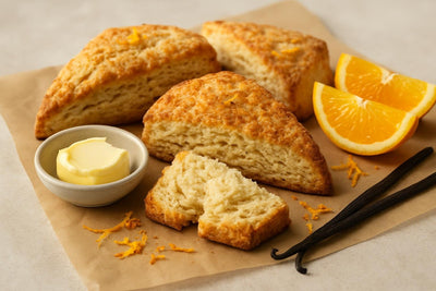Vanilla Orange Cinnamon Scones on parchment