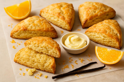 Vanilla Orange Ginger Scones on parchment