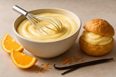Bowl of vanilla orange pastry cream with a whisk