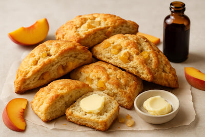 Vanilla Peach Ginger Scones on parchment