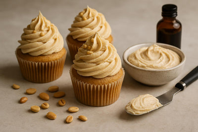 Cupcakes piped with vanilla peanut butter cardamom buttercream