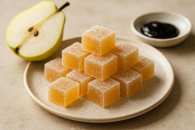 Squares of vanilla pear fruit jellies rolled in sugar