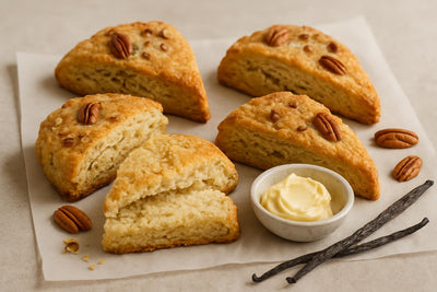 Vanilla Pecan Brown Sugar Scones on parchment