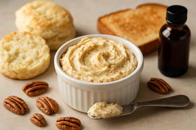 Vanilla Pecan Butter Spread in a crock with warm biscuits