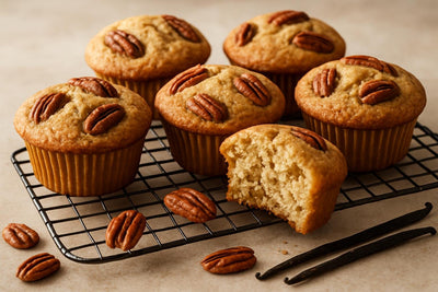 Vanilla Pecan Cardamom Muffins on a cooling rack