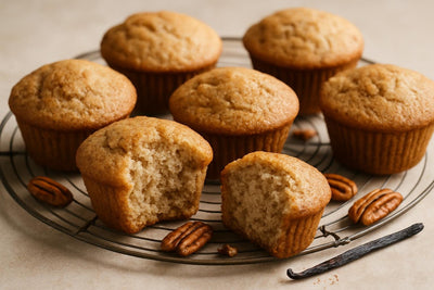 Vanilla Pecan Cinnamon Muffins on a cooling rack