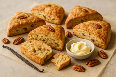 Vanilla Pecan Cinnamon Scones on parchment