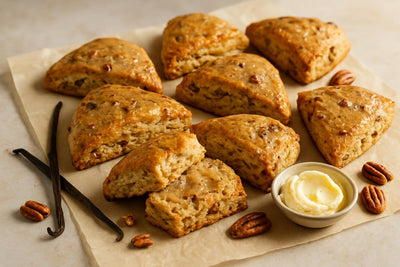 Vanilla Pecan Espresso Scones on parchment