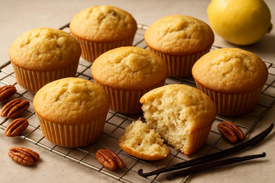 Vanilla Pecan Lemon Muffins on a cooling rack
