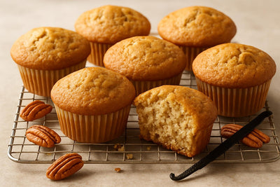Vanilla Pecan Maple Muffins on a cooling rack