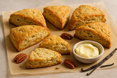Vanilla Pecan Maple Scones on parchment