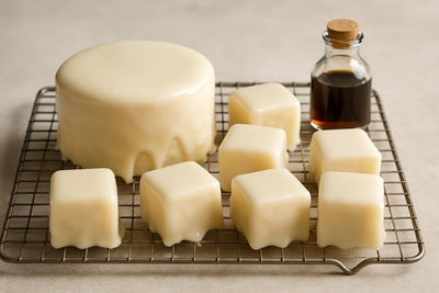 Cake coated in glossy vanilla petit four icing