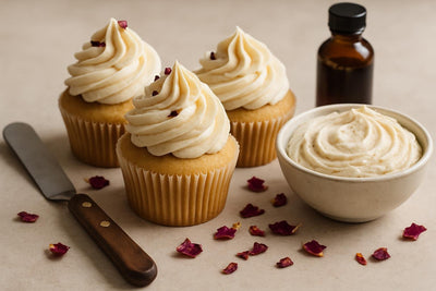 Cupcakes piped with vanilla rose cardamom buttercream