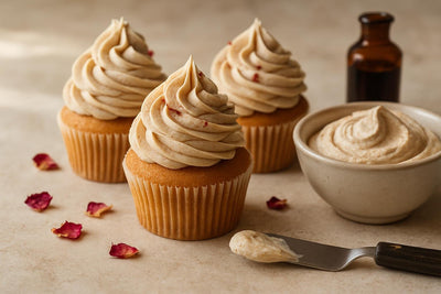 Cupcakes piped with vanilla rose cinnamon buttercream