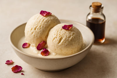 Scoops of vanilla rose cinnamon custard ice cream in a ceramic bowl