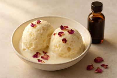 Scoops of vanilla rose ginger custard ice cream in a ceramic bowl