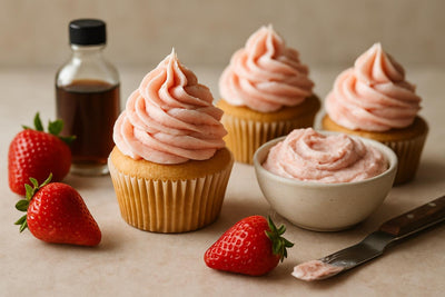 Cupcakes piped with vanilla strawberry buttercream