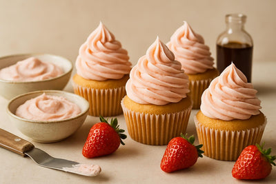 Cupcakes piped with vanilla strawberry cardamom buttercream