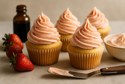 Cupcakes piped with vanilla strawberry lemon buttercream