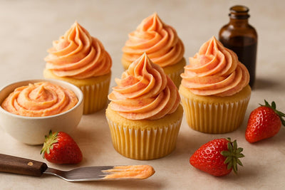 Cupcakes piped with vanilla strawberry orange buttercream