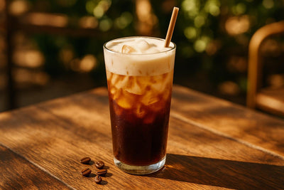 Vanilla Sweet Cream Cold Brew in a glass on an oak patio table