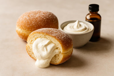Filled doughnut cut open to show vanilla whipped cream