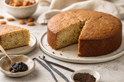 Vegan almond vanilla layer cake made with Ugandan vanilla