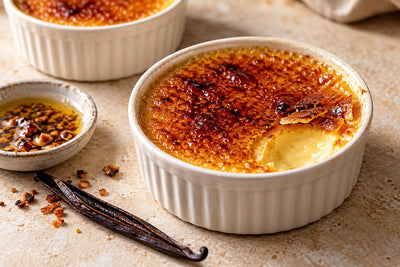 Vegan Brown Butter Vanilla Crème Brûlée in a ramekin with a caramelized sugar crust