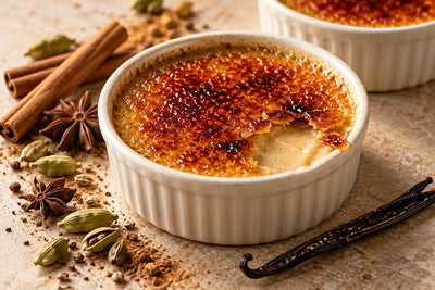 Vegan Chai Vanilla Crème Brûlée in a ramekin with a caramelized sugar crust