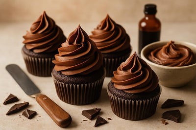 Cupcakes piped with vegan chocolate buttercream frosting