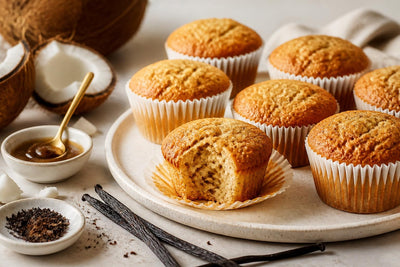 Vegan coconut vanilla muffins made with Indonesian vanilla