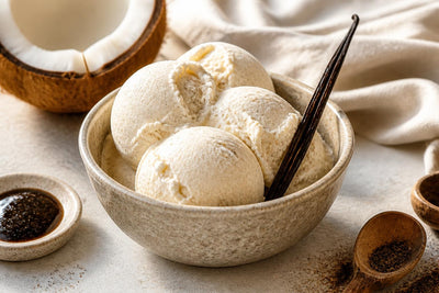 Vegan coconut vanilla ice cream made with Mexican vanilla