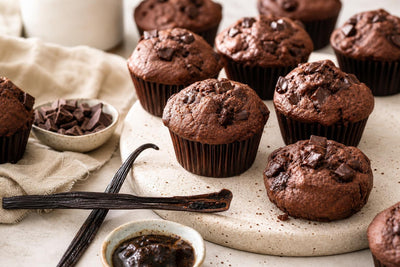 Vegan dark chocolate vanilla muffins made with Indonesian vanilla