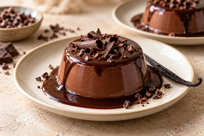 Vegan Dark Chocolate Vanilla Panna Cotta, unmolded on a plate with vanilla beans