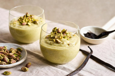 Vegan pistachio vanilla pudding made with Ugandan vanilla