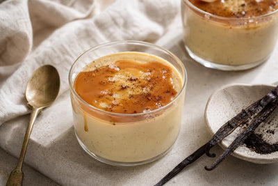 Vegan salted caramel vanilla pudding made with Ugandan vanilla