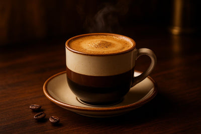 Vietnamese Coffee in a ceramic mug on an oak bar