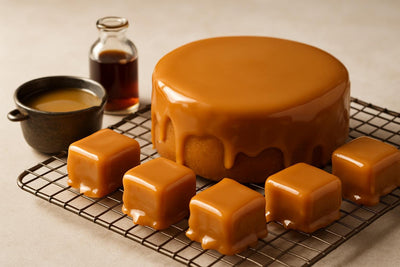 Cake coated in glossy warm caramel icing