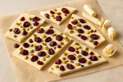 Shards of white chocolate cranberry bark on parchment