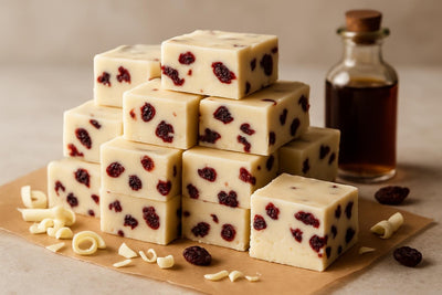 Squares of white chocolate cranberry fudge on parchment