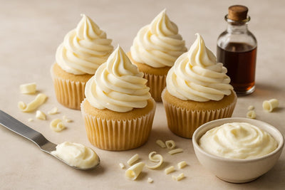 Cupcakes piped with white chocolate cream cheese frosting