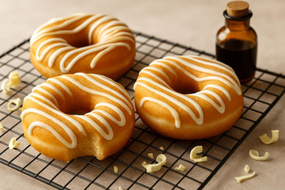 Doughnuts finished with white chocolate drizzle on a cooling rack